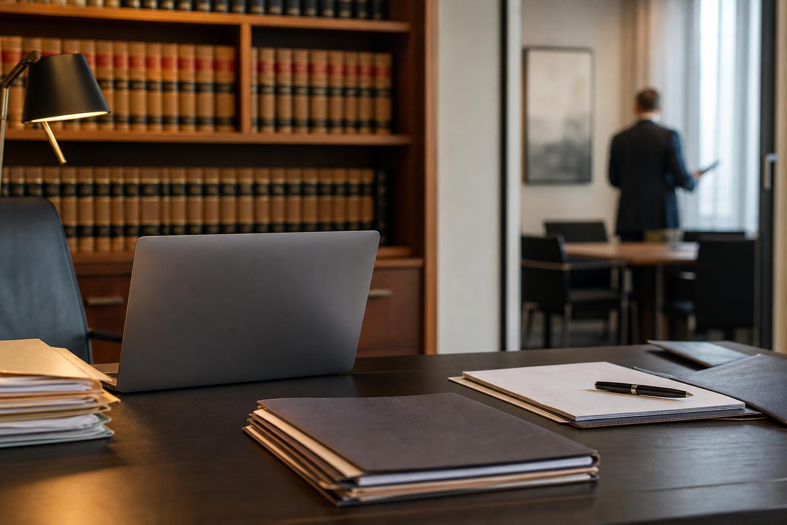Kanzlei-Arbeitsplatz mit Akten und Laptop — KI für Anwälte
