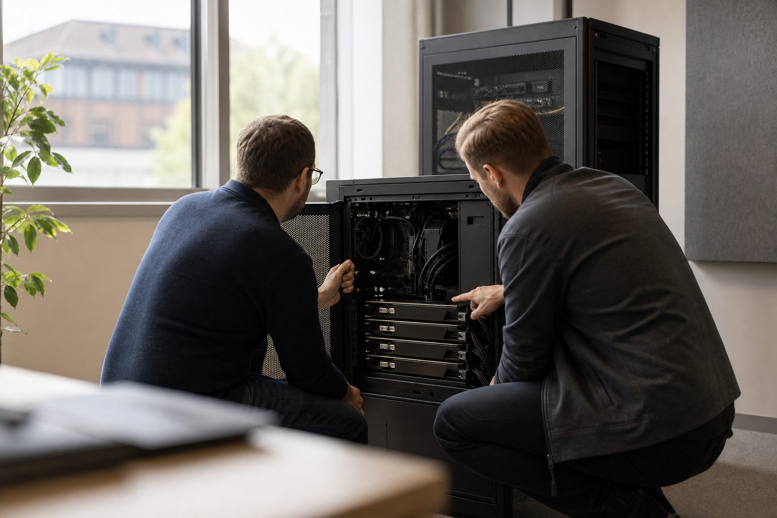 IT-Fachleute an einem GPU-Server — KI-Infrastruktur für Frankfurter Unternehmen