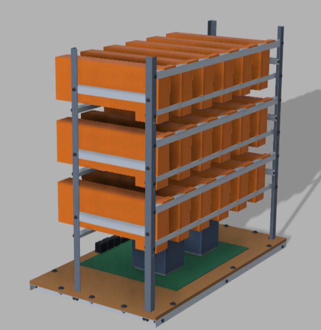 3D-Entwurf des geplanten Gehäuses: graue Aluminiumprofile bilden drei Ebenen, in denen orange dargestellte Grafikkarten dicht nebeneinander hängen; unten liegt die grüne Hauptplatine auf einer Grundplatte.